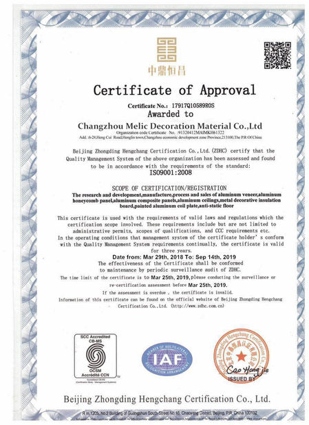 Chine Changzhou Melic Decoration Material Co.,Ltd Certifications